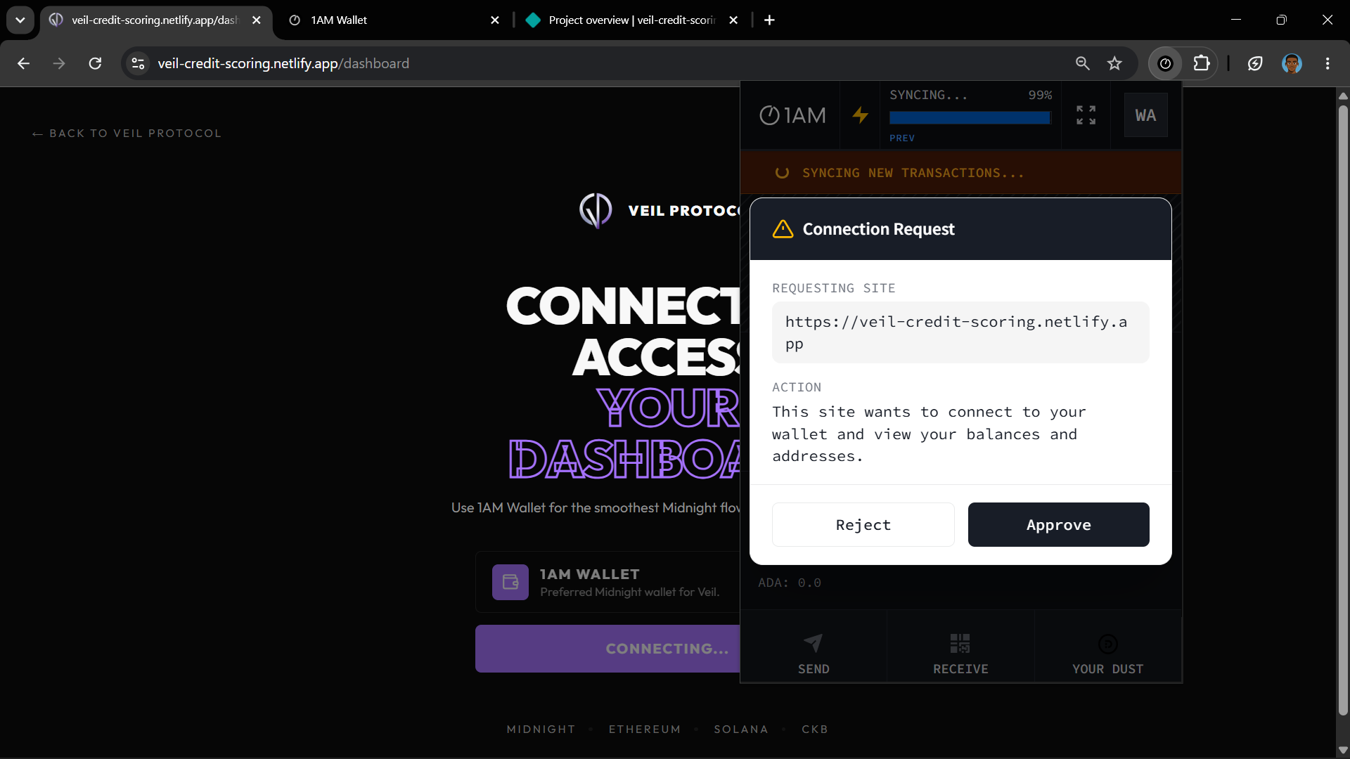 1AM Wallet connection request for Veil dashboard